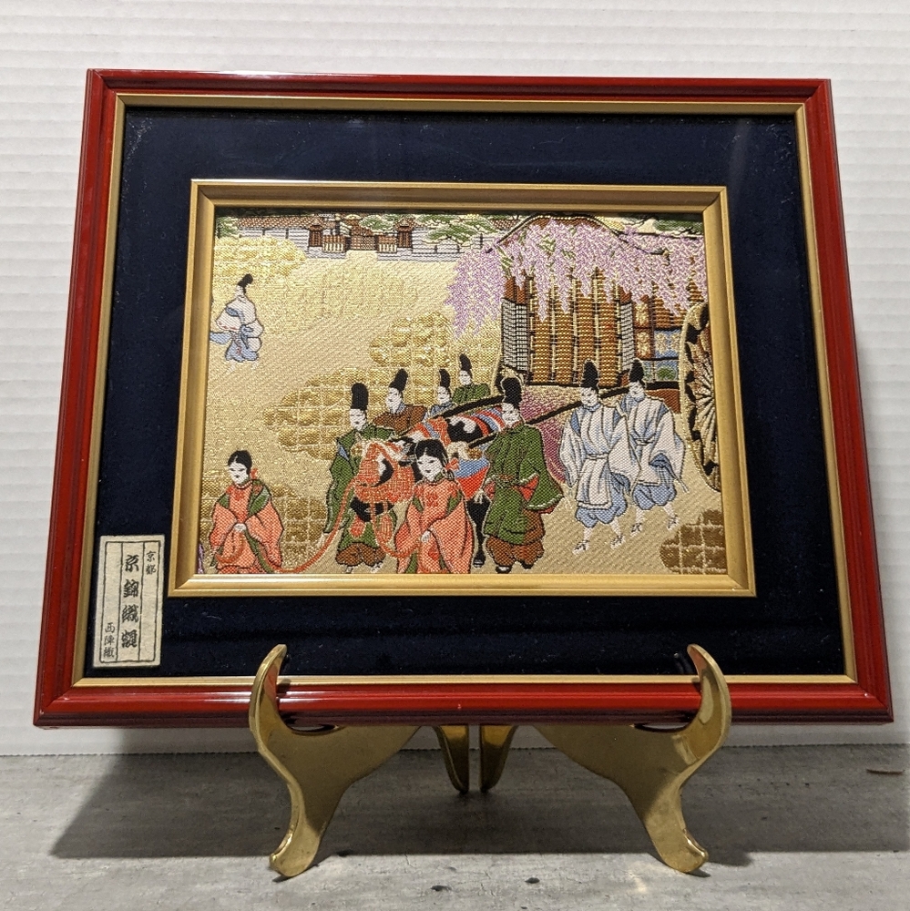 Beautiful Vintage Japanese Silk "Aoi Festival" Hanging Framed Art With Sticker